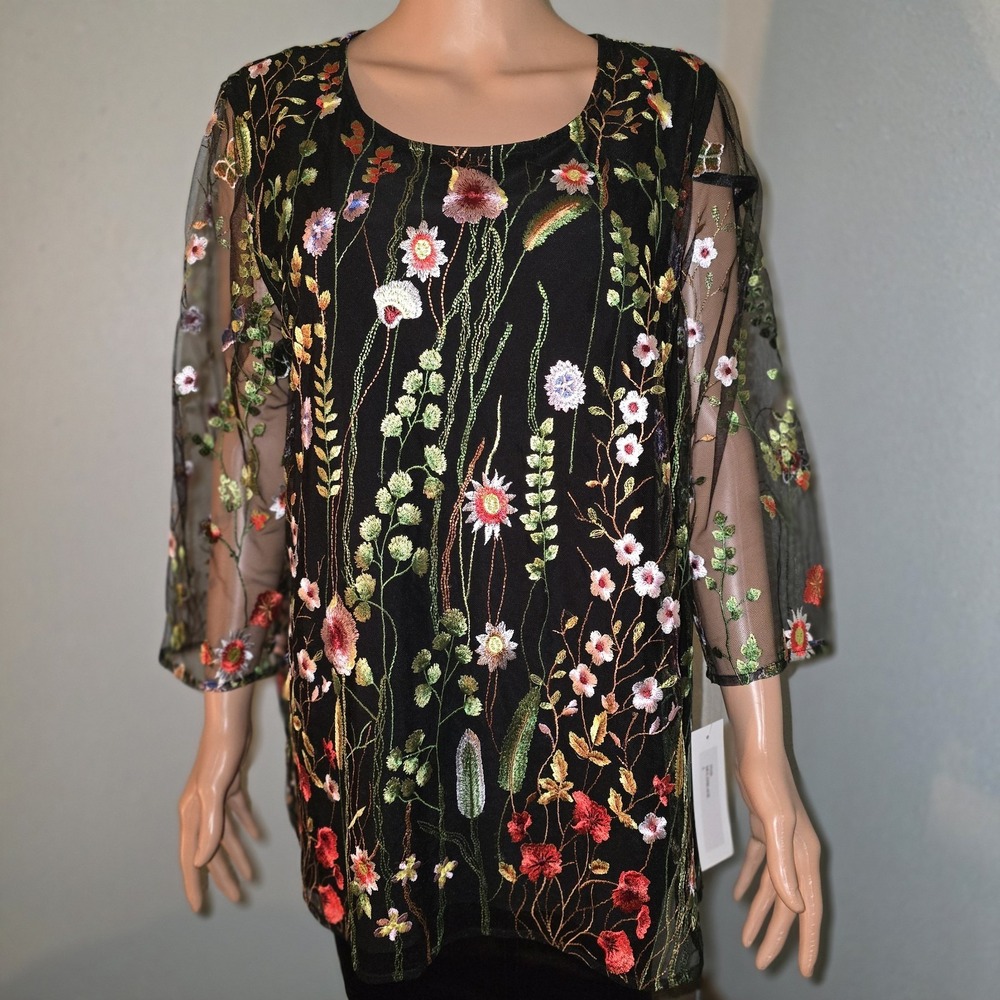 NWT CAROLINE ROSE Lg Black‎ Floral Embroidered Mesh Overlay Tunic Top 3/4 Sleeve